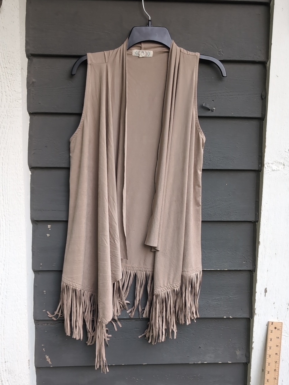 Pink Rose Boho Taupe Fringe Open Front Vest Size Large